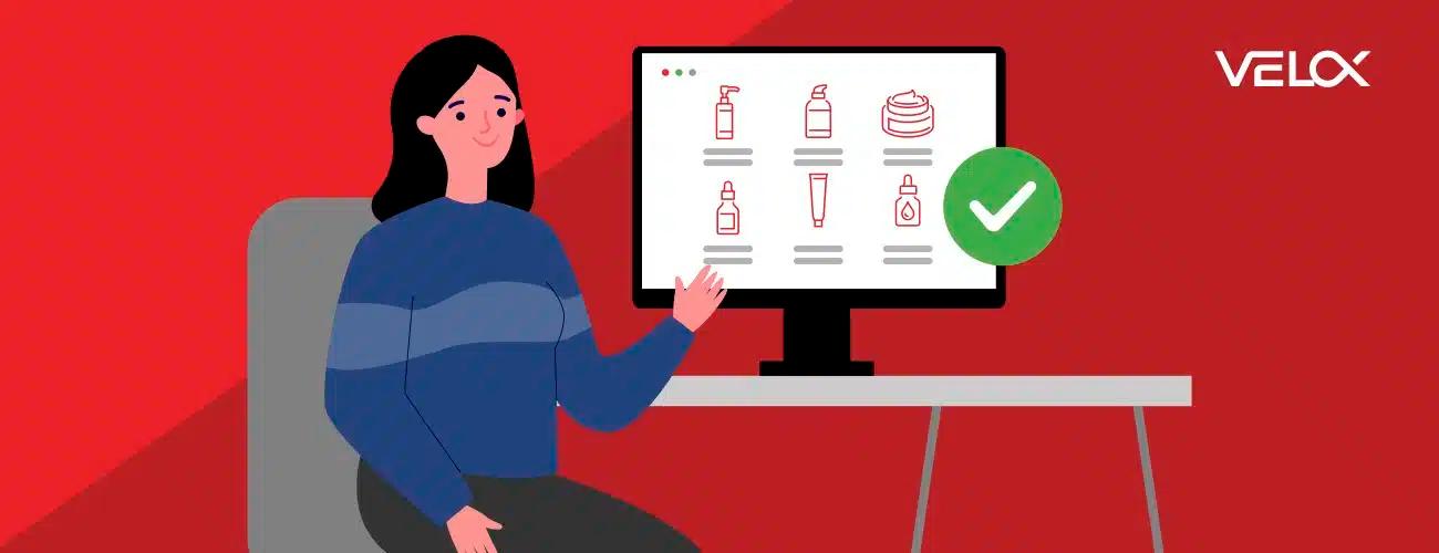 A woman sitting at a computer desk waving while she looks at the screen with skincare products and a green check mark