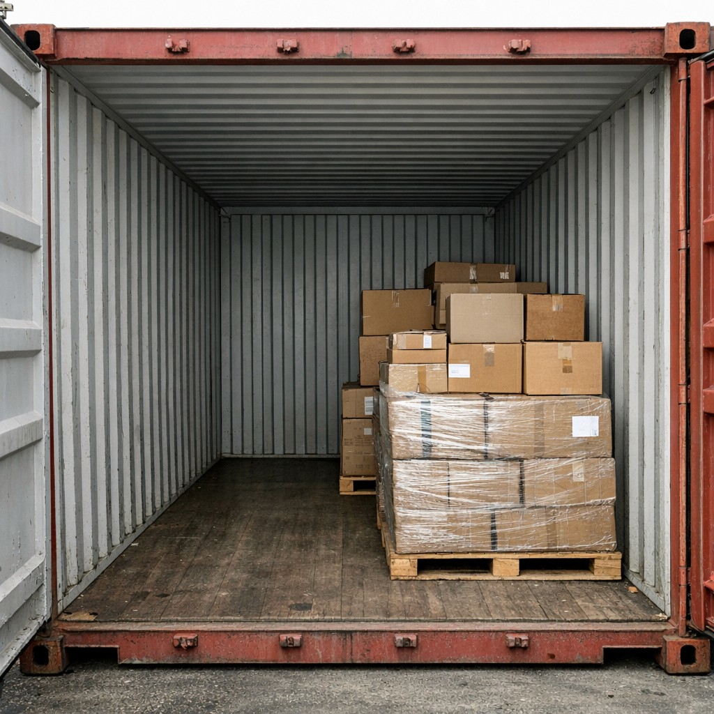 Ein Versandcontainer, der zur Hälfte mit Waren gefüllt ist