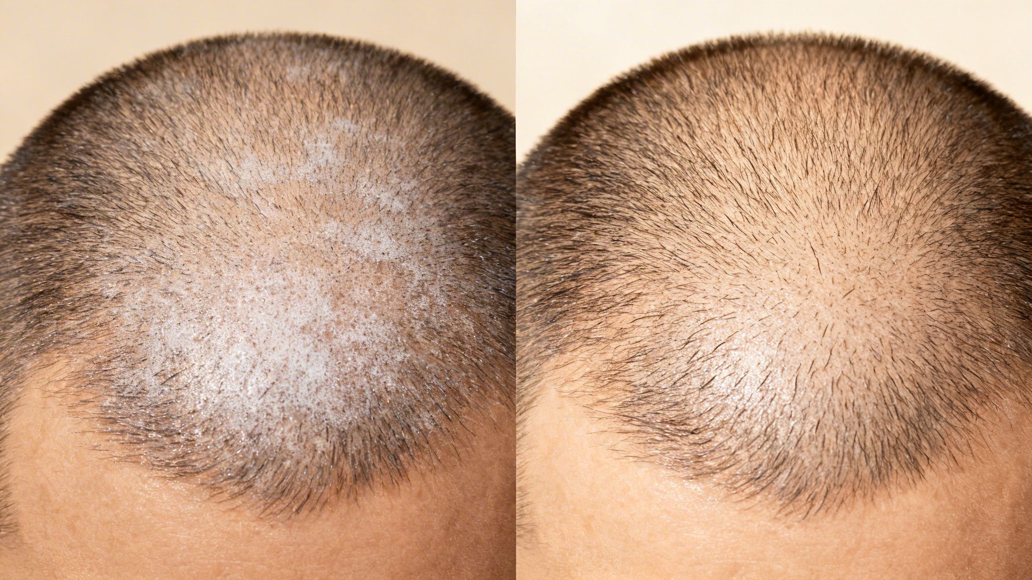 Before and after close-up of a scalp, showing clear reduction of white flakes after treatment.