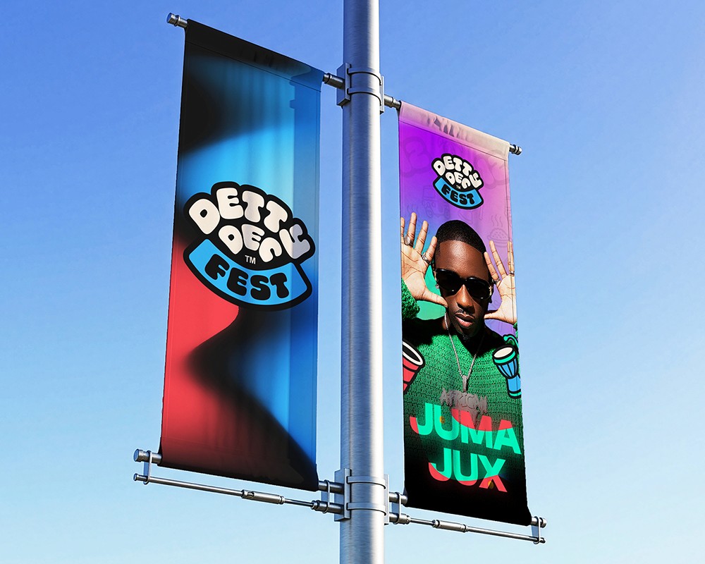 Detty Dec Fest visual identity application— logo, color palette, and Gunna announcement flyer.