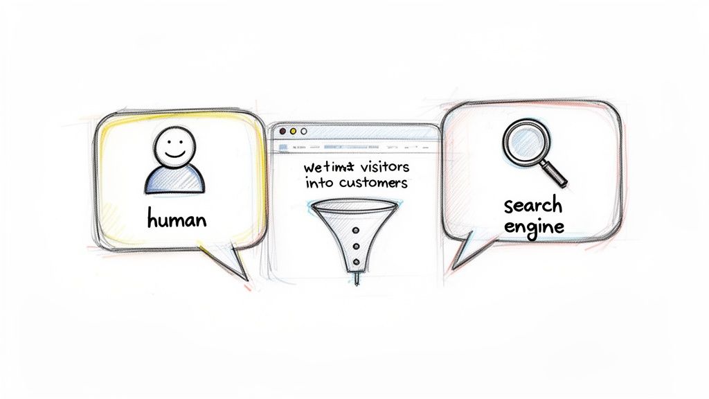 Diagram showing a human and search engine inputting visitors into a website and conversion funnel to become customers.