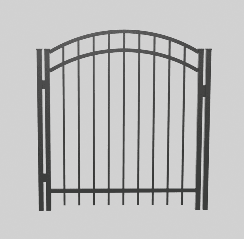 Black-and-white illustration of an arched aluminum walk gate with a smooth flat top rail.
