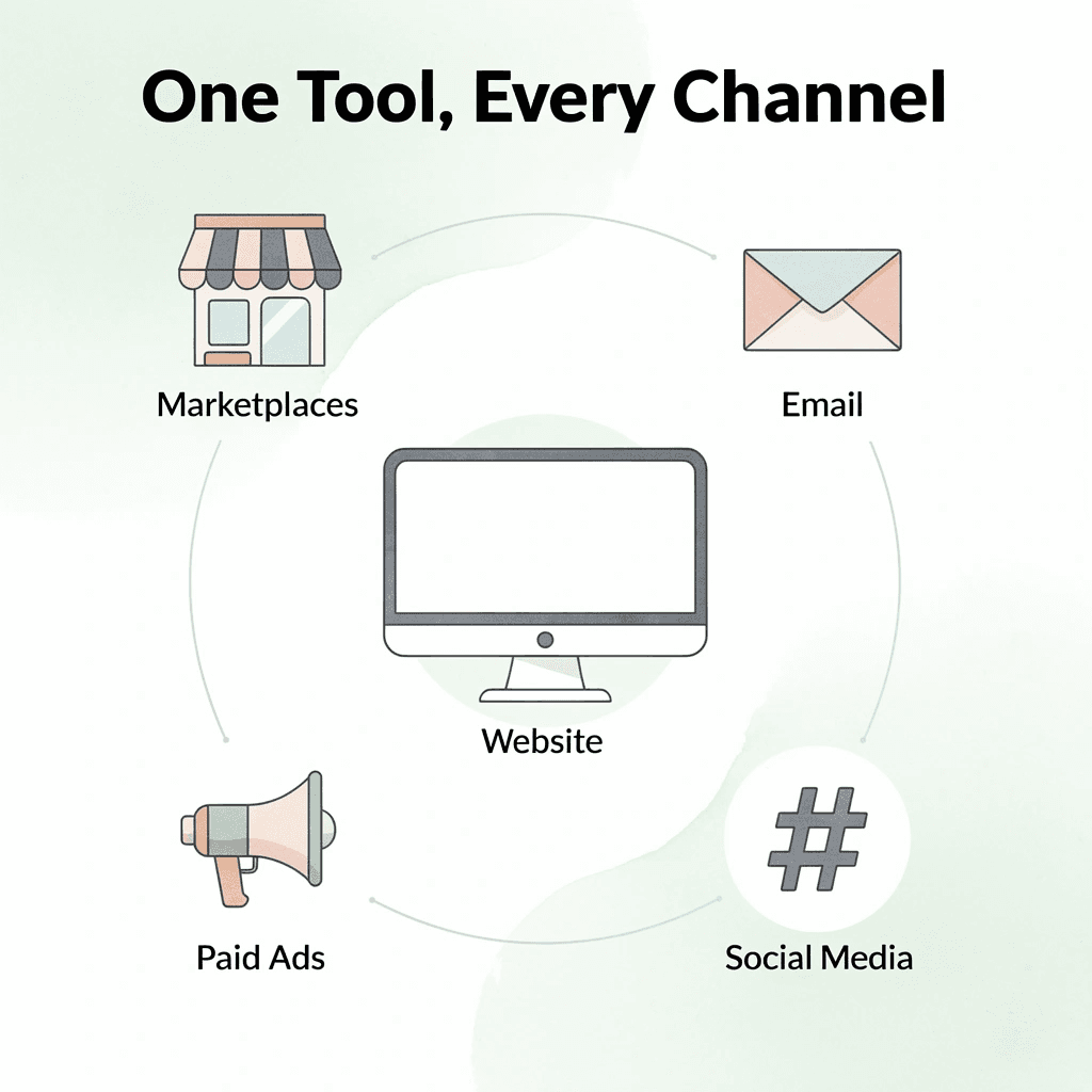 Hub and spoke infographic showing Caspa connecting to five ecommerce channels