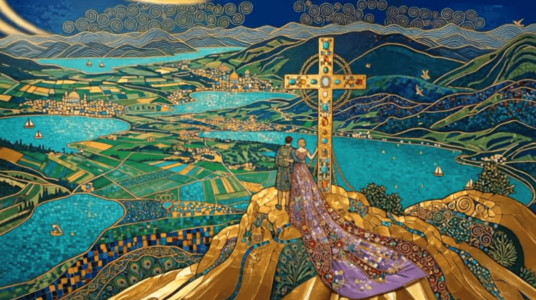 Blick von einem Gipfelkreuz ins Tal, gemalt im Stil von Gustav Klimt
