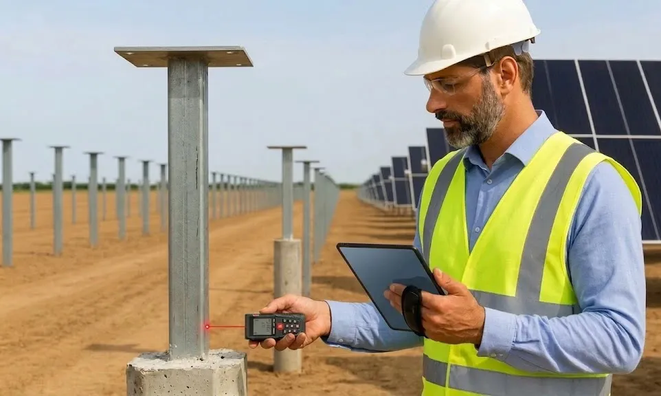 A worker in a hard hat and reflective vest checks a smartphone and tablet near solar panels in a field.