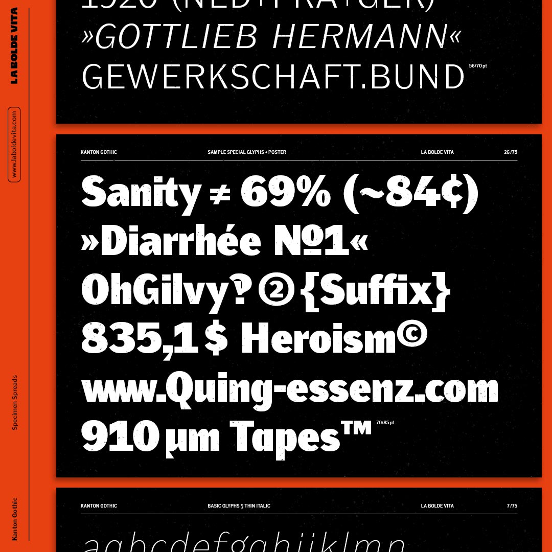 multiple sample pages for Kanton Gothic showing styles and weights of the font in white on black with a red border