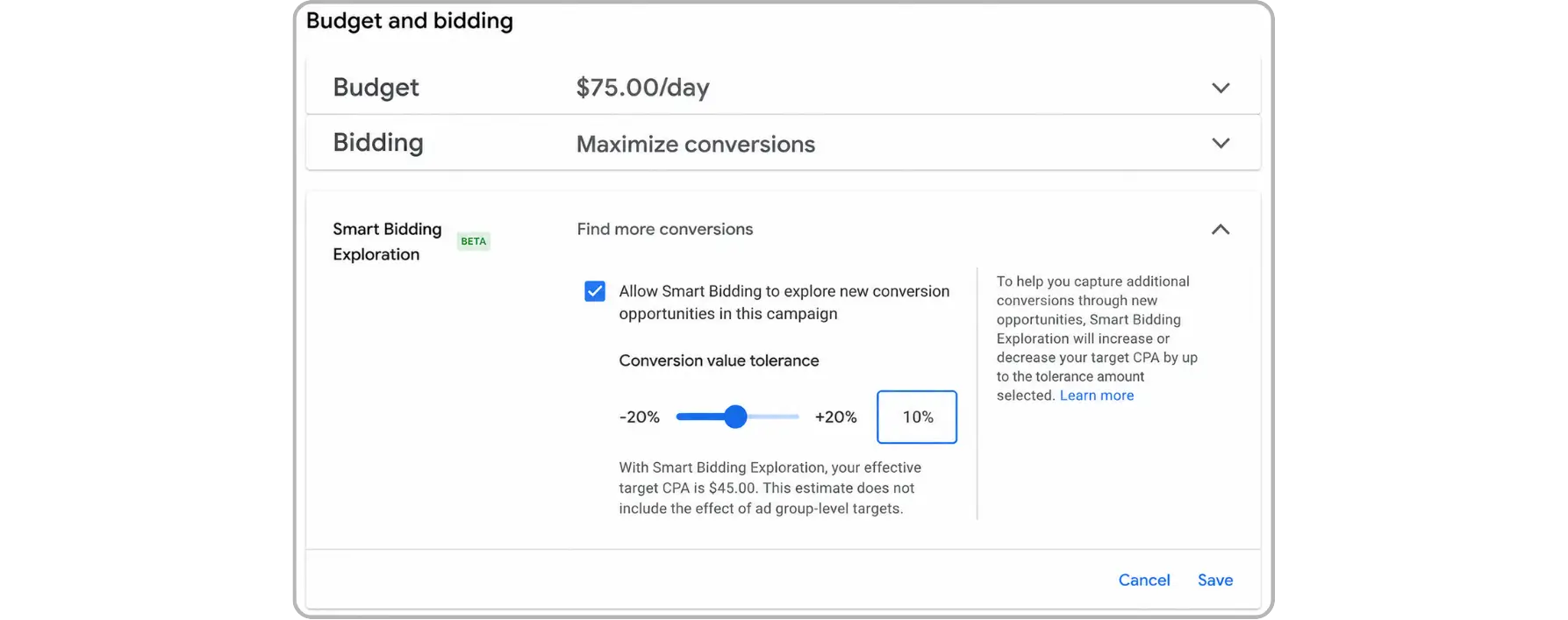Smart Bidding Exploration Interface in Google Ads UI