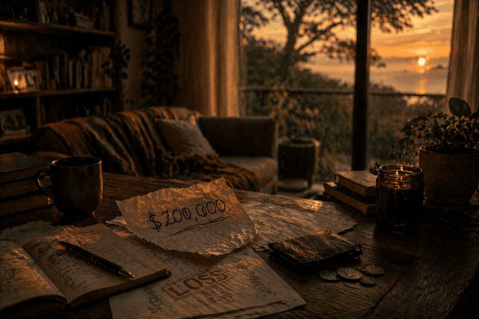 Financial papers and handwritten $200,000 note on a table in a cozy home at sunset