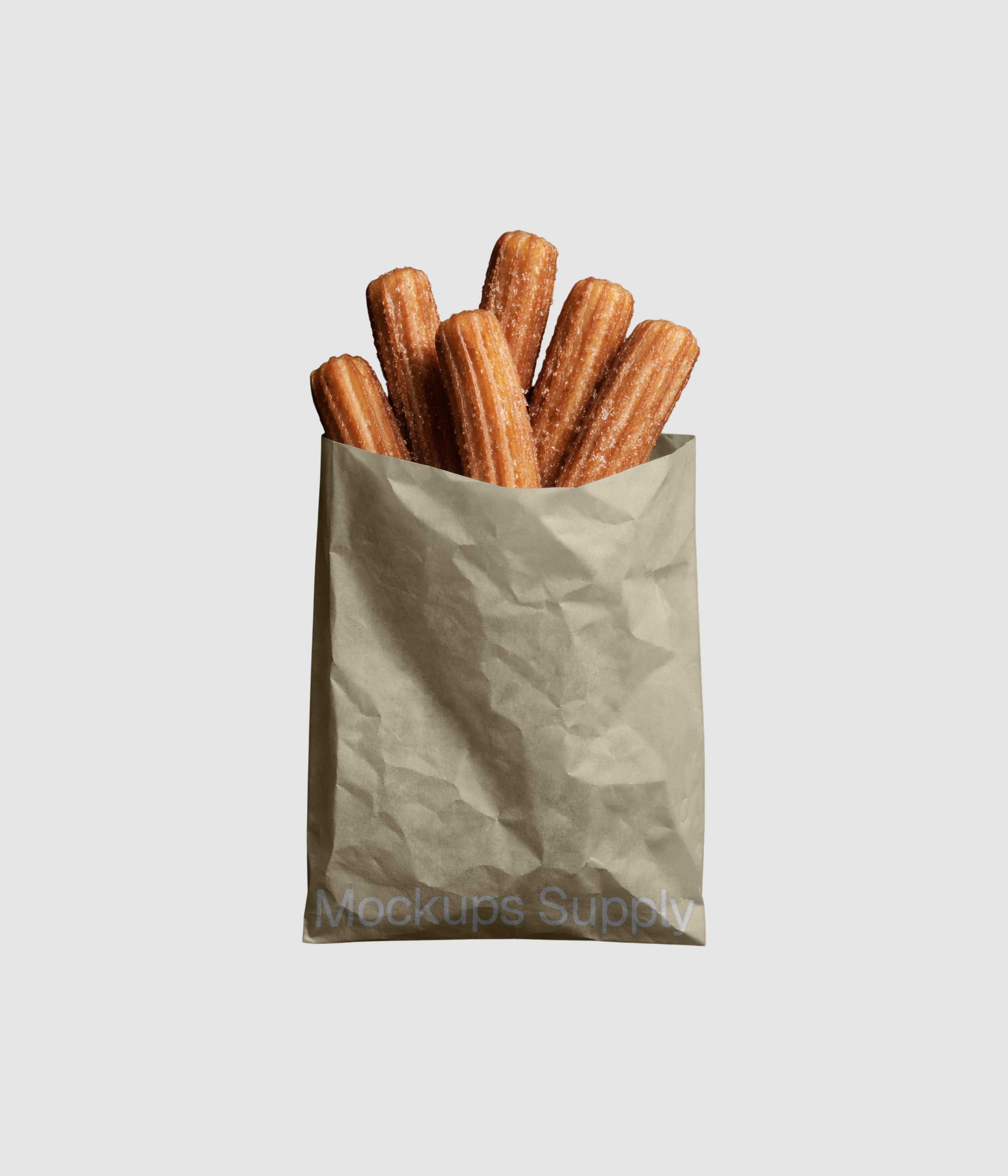 Churros dessert packaging mockup PSD with customizable paper bag design and background