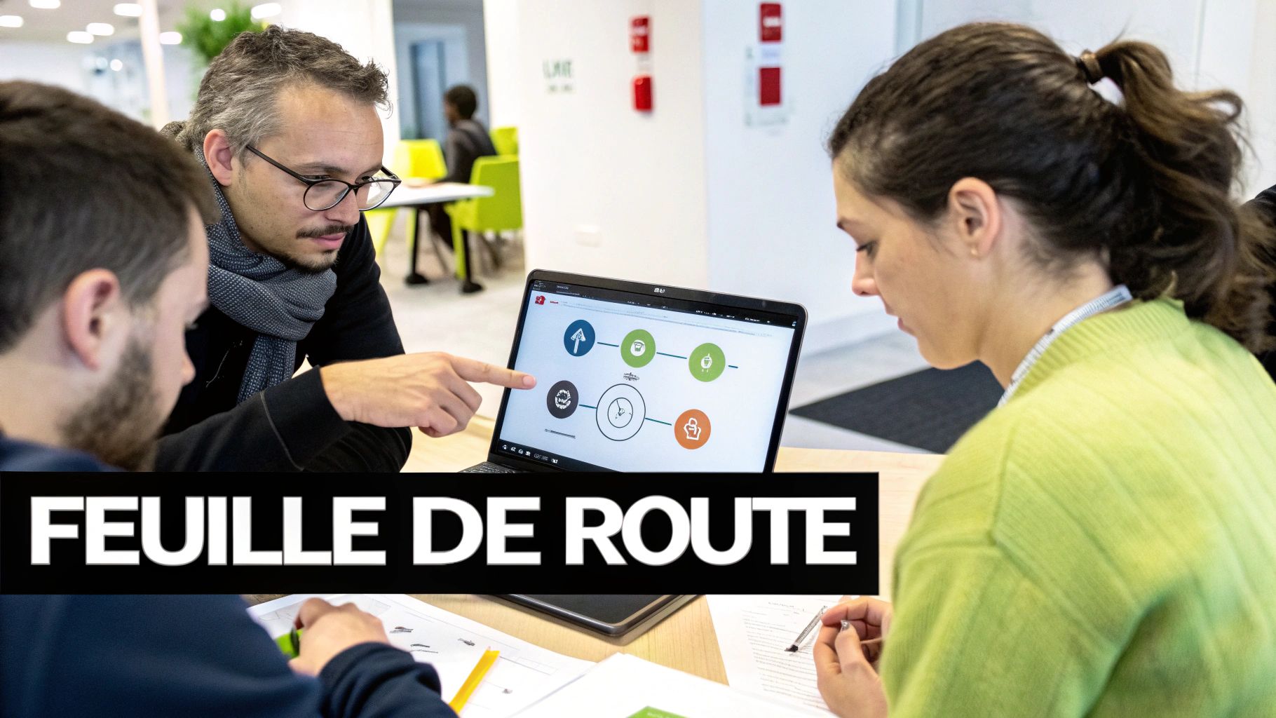 Trois personnes collaborent, un homme pointe un diagramme sur un ordinateur portable affichant une feuille de route.