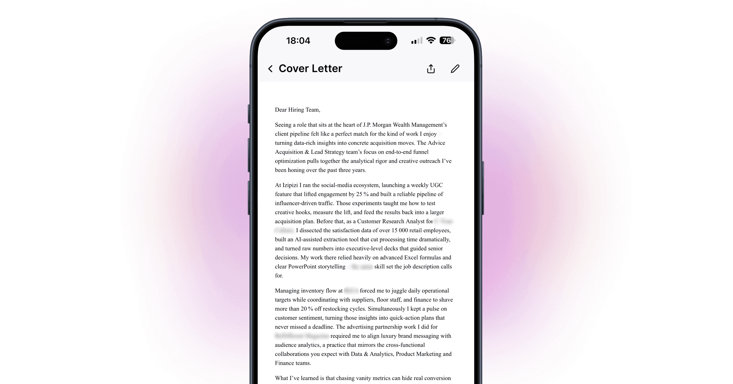 Cover letter in the Ace app