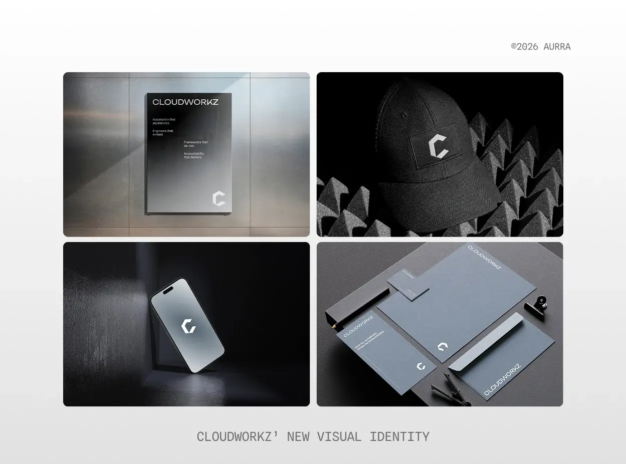 Cloudworkz brand identity applied to a poster, cap, phone screen, and stationery in grey and black