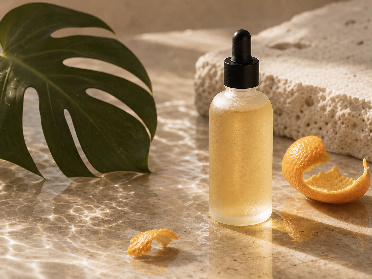 Frosted serum bottle with citrus and leaf in a final beauty product image.