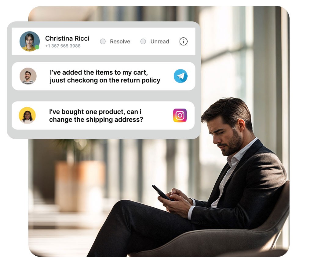 Man in suit sitting in modern office chair checking smartphone with customer messaging interface overlay showing e-commerce inquiries about return policy and shipping address changes from different platforms