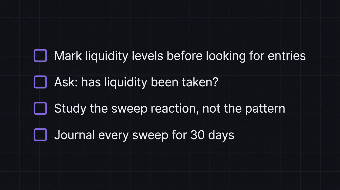 Checklist of the four steps to start seeing liquidity on a chart