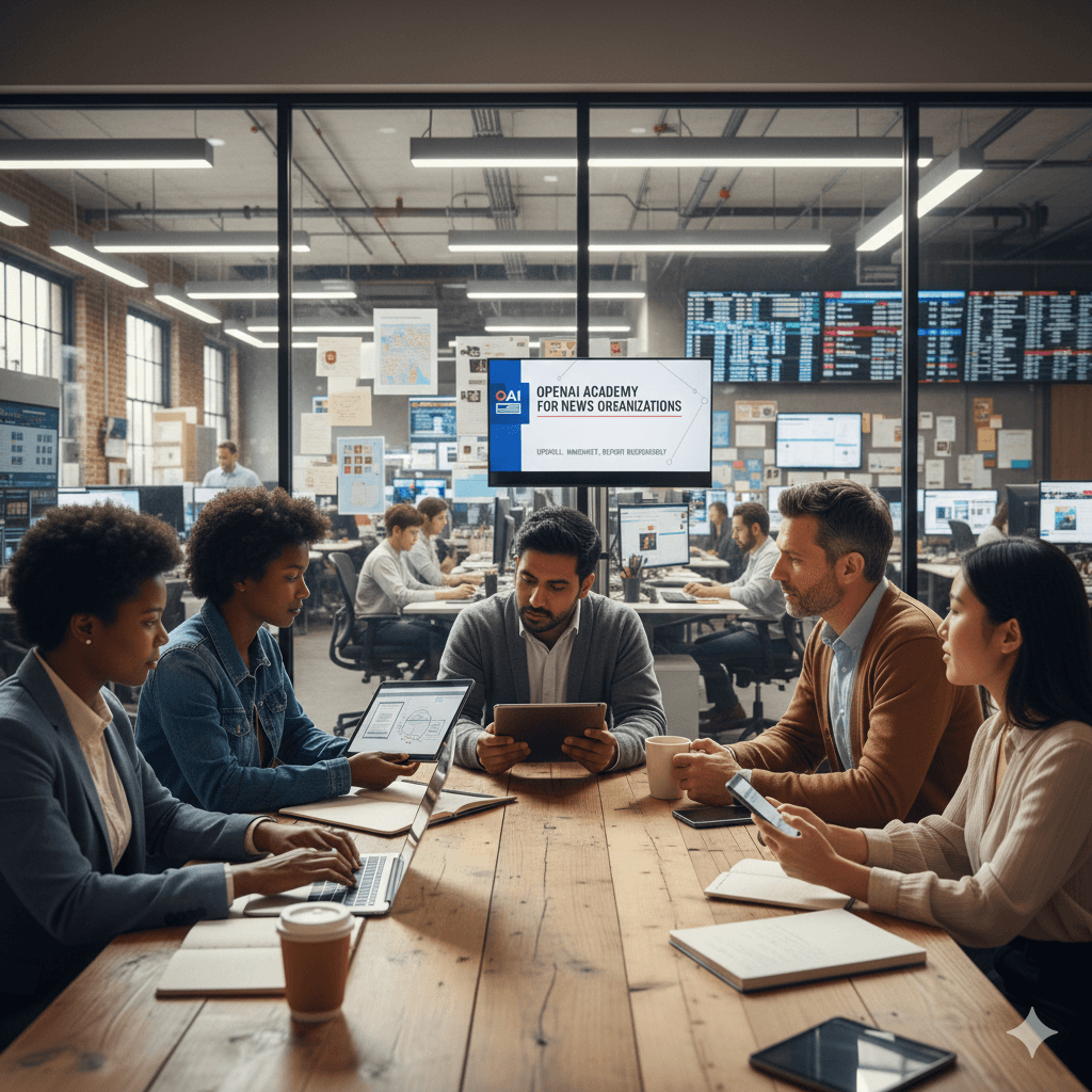 A diverse group of professionals engaged in a collaborative meeting around a table in a modern office setting, with digital devices and documents, while a screen in the background displays "OpenAI Academy for News Organizations."