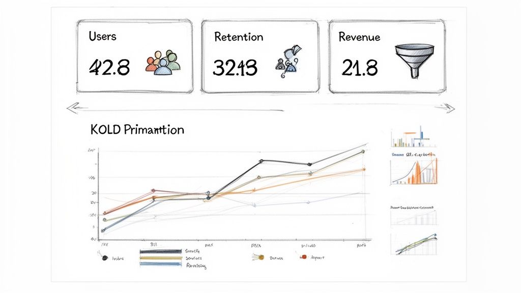 Sketch of an analytics dashboard with key metrics and multiple data visualization charts.