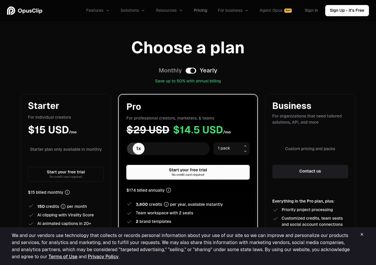 OpusClip pricing page showing Starter at 15 dollars per month and Pro at 29 dollars per month plans