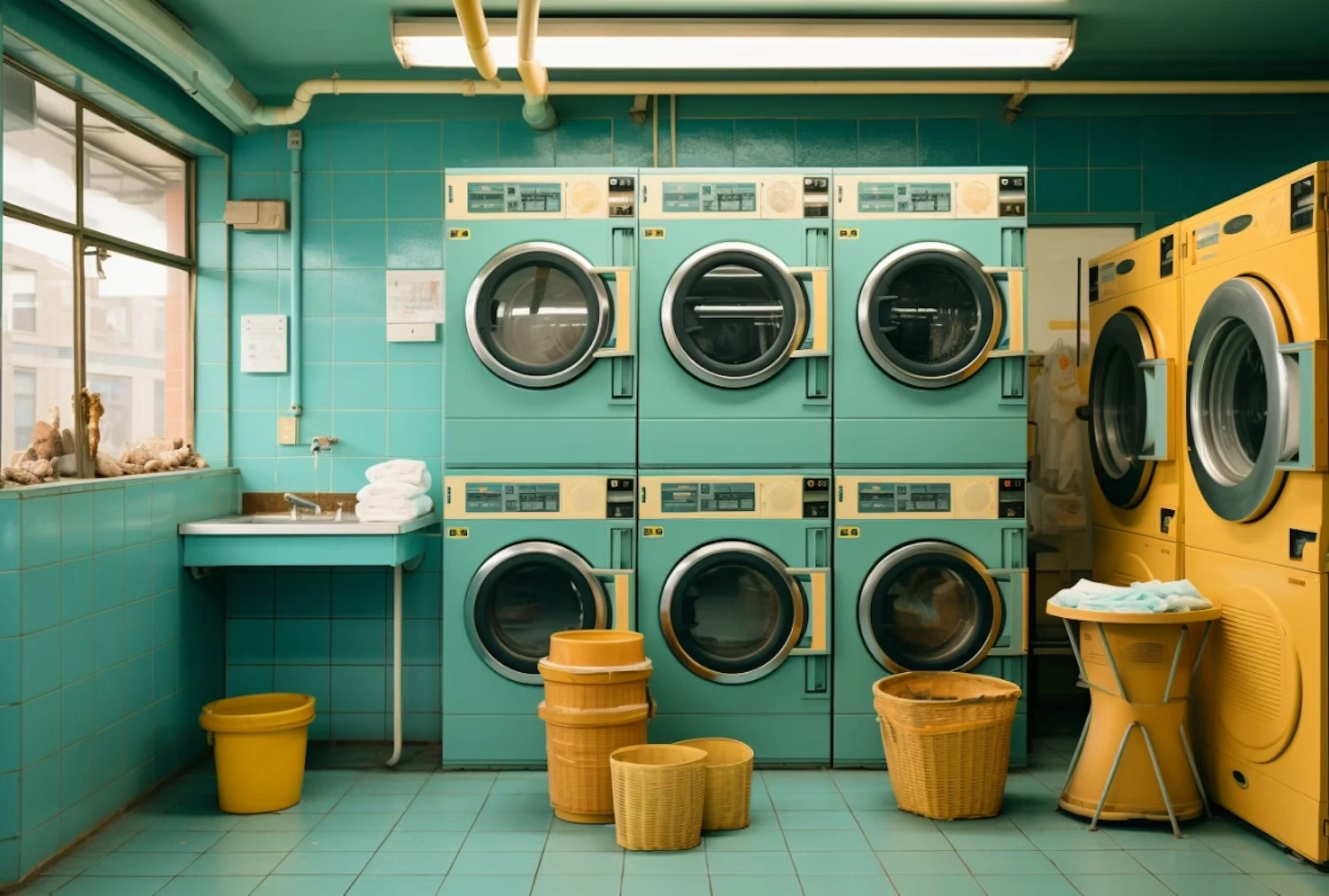 Commercial laundry services using stacked industrial washing machines