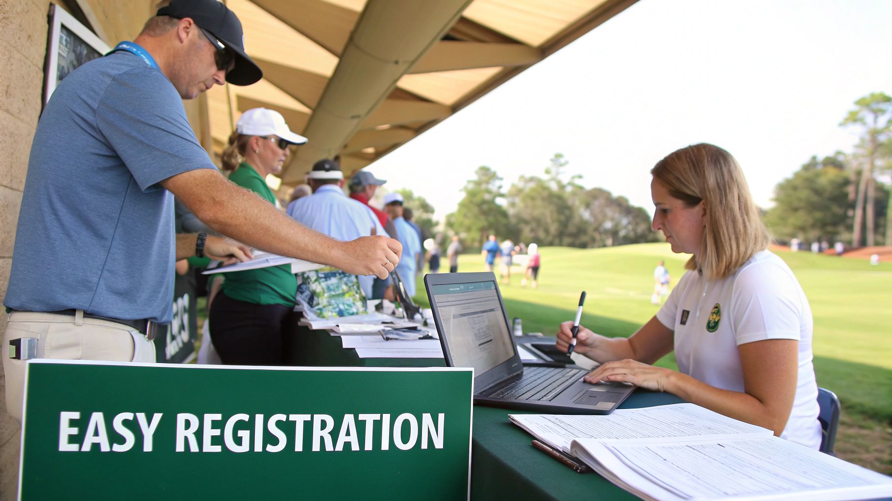 A person on a laptop organizing golf tournament details with a checklist nearby.