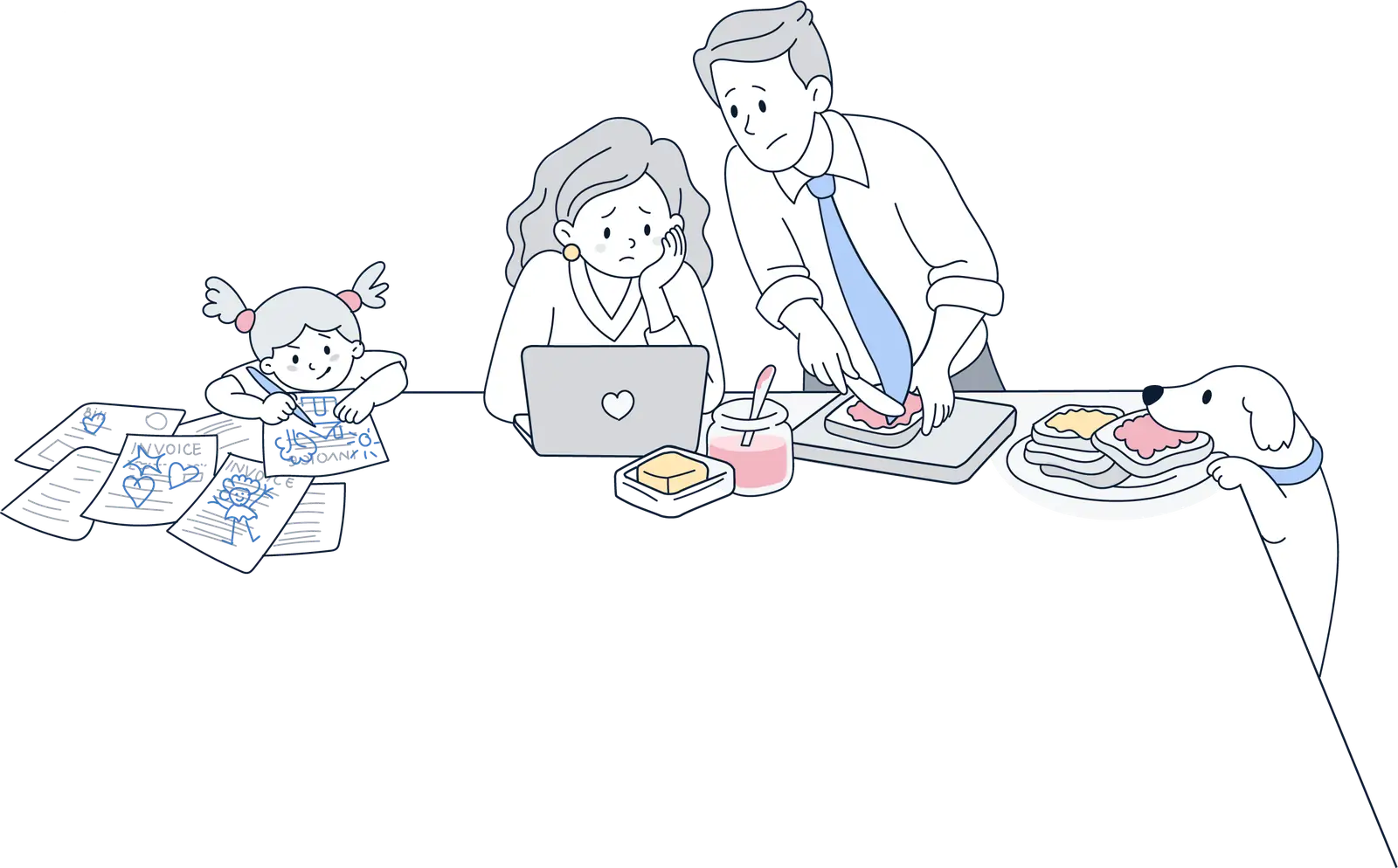 Illustration of a family in a kitchen: a girl drawing on scattered bills, a mother working on a laptop, a father making sandwiches, and a dog waiting at the table