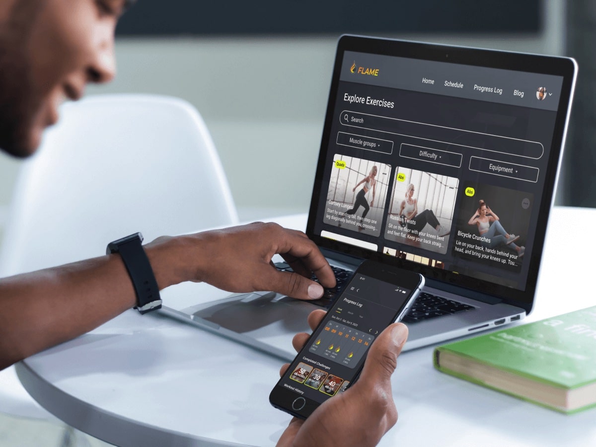 Mockup image of user using desktop and mobile versions of app
