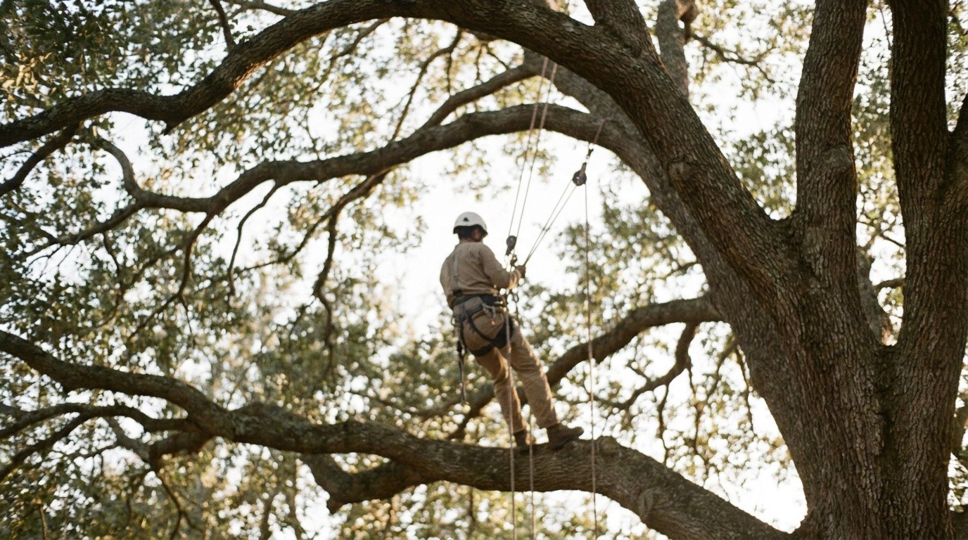 An arborist roped high in a mature oak, the kind of removal job a tree service wins by answering the storm call first