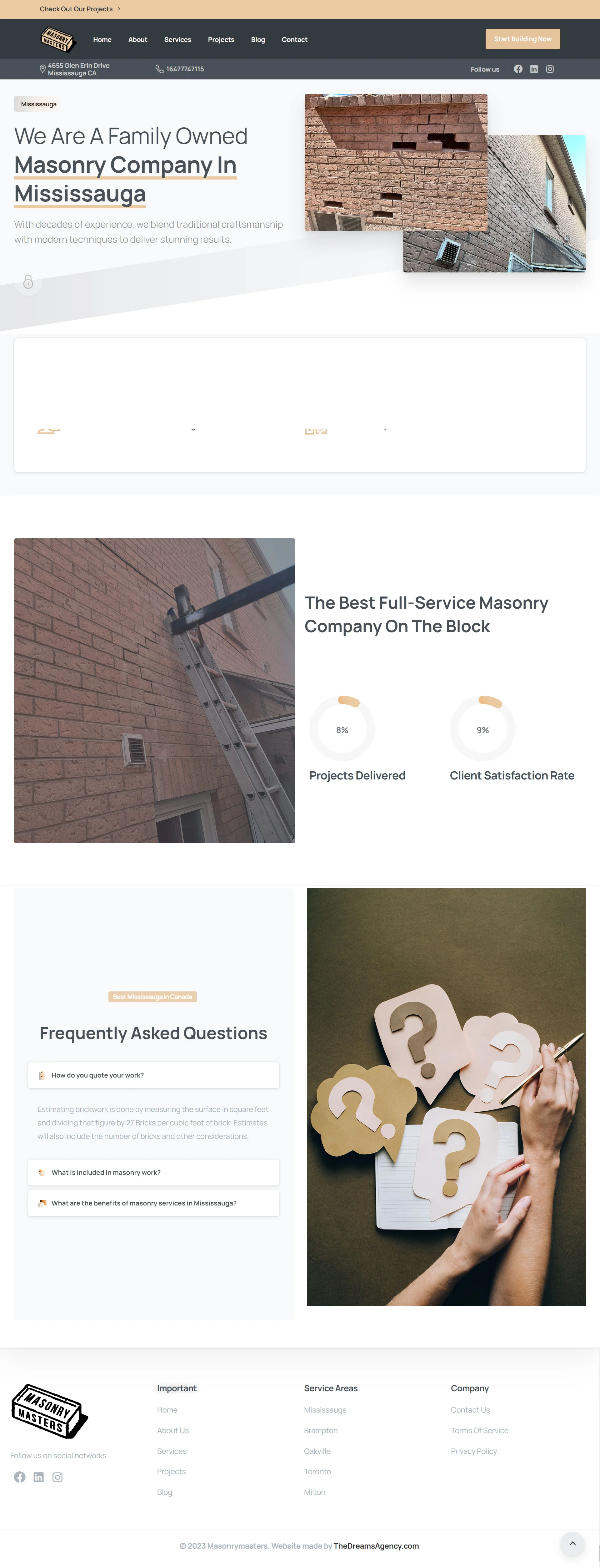 Mississauga page for Masonry Masters website developed & designed by Dreams Agency Mississauga, Ontario