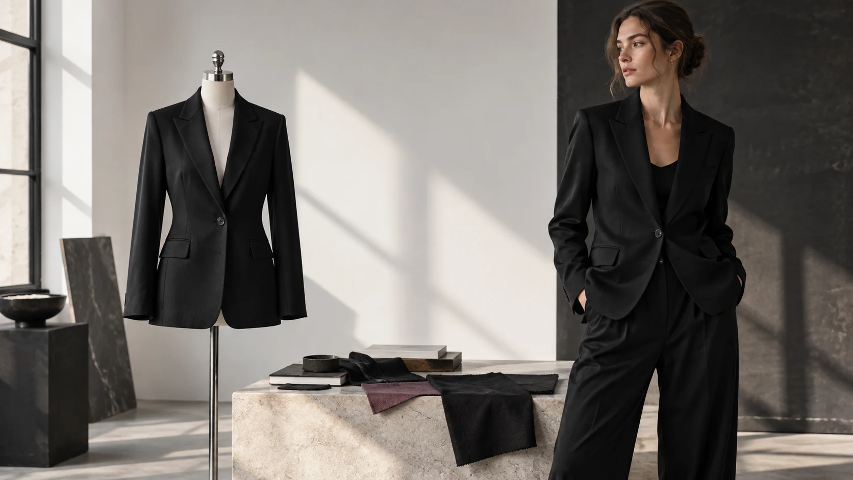 Black blazer on a dress form beside an adult model in a restrained daylight fashion studio