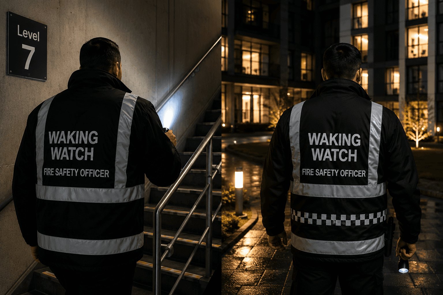 Waking watch fire safety officer conducting patrols inside a residential building and external apartment complex at night.