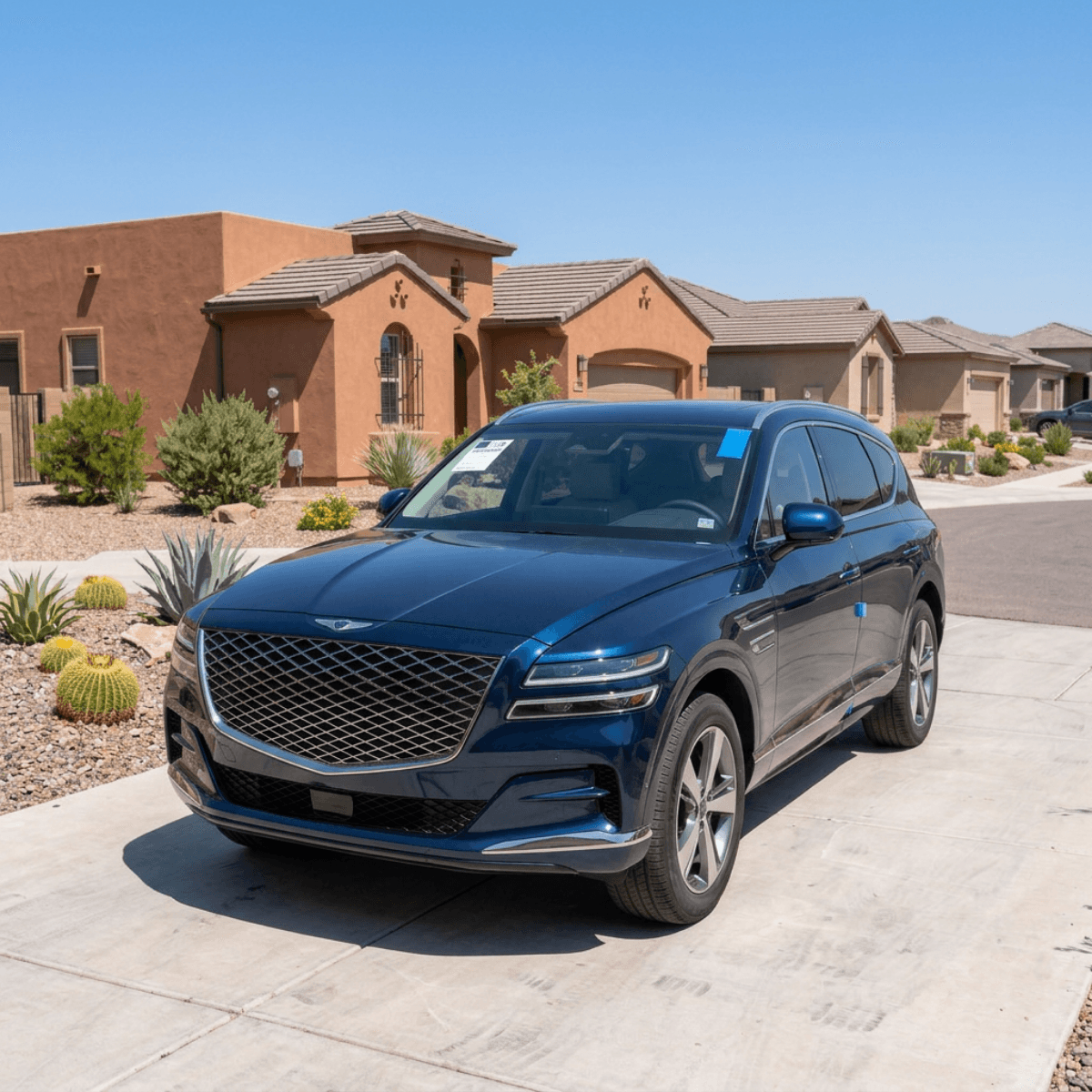 Blue Genesis GV80 with a skillfully installed windshield parked in front of a brick Mesa, Arizona home