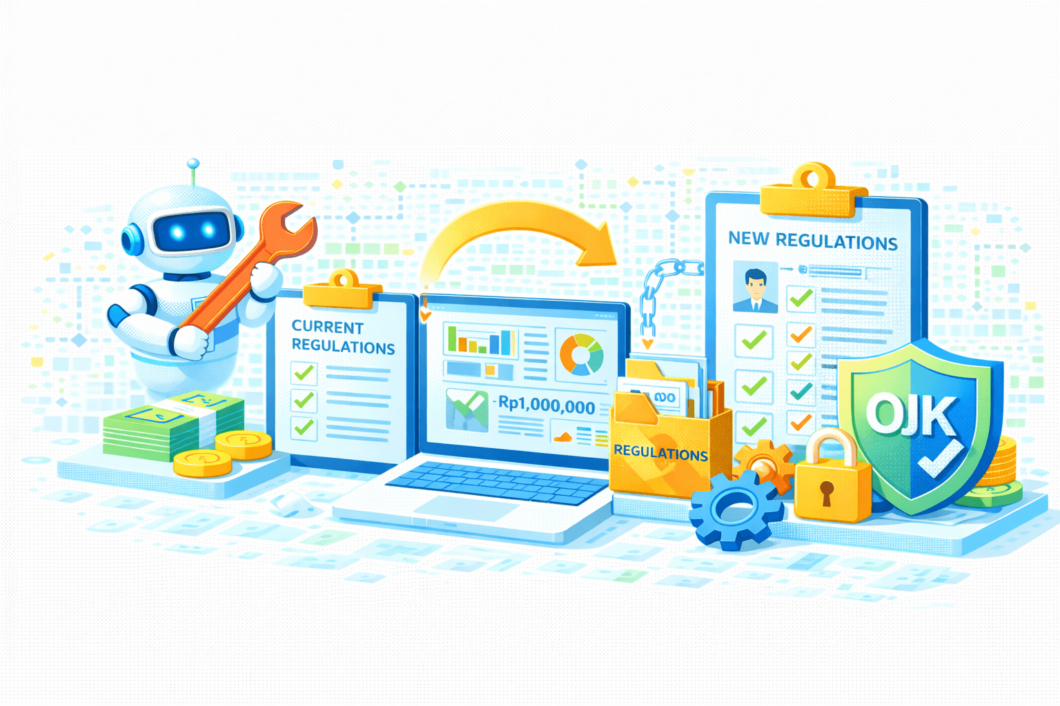 Ilustrasi AI‑driven regulatory change management & OJK compliance automation. Di kiri, AI/robot assistant memegang kunci inggris di samping tumpukan uang/koin, melambangkan penyesuaian sistem otomatis. Panel “Current Regulations” dengan checklist hijau terhubung melalui panah transisi ke laptop dashboard di tengah yang menampilkan grafik analitik, checklist validasi, dan nilai −Rp1.000.000 yang telah direview.  Di kanan, panel “New Regulations” dengan checklist kepatuhan terhubung ke folder “Regulations”, roda gigi (otomasi), dan gembok (kontrol akses). Perisai OJK bertanda centang menegaskan kepatuhan dan keamanan. Visual menggambarkan proses end‑to‑end: pembaruan regulasi, analitik, otomasi, dan pelaporan OJK yang aman dan terstandar.