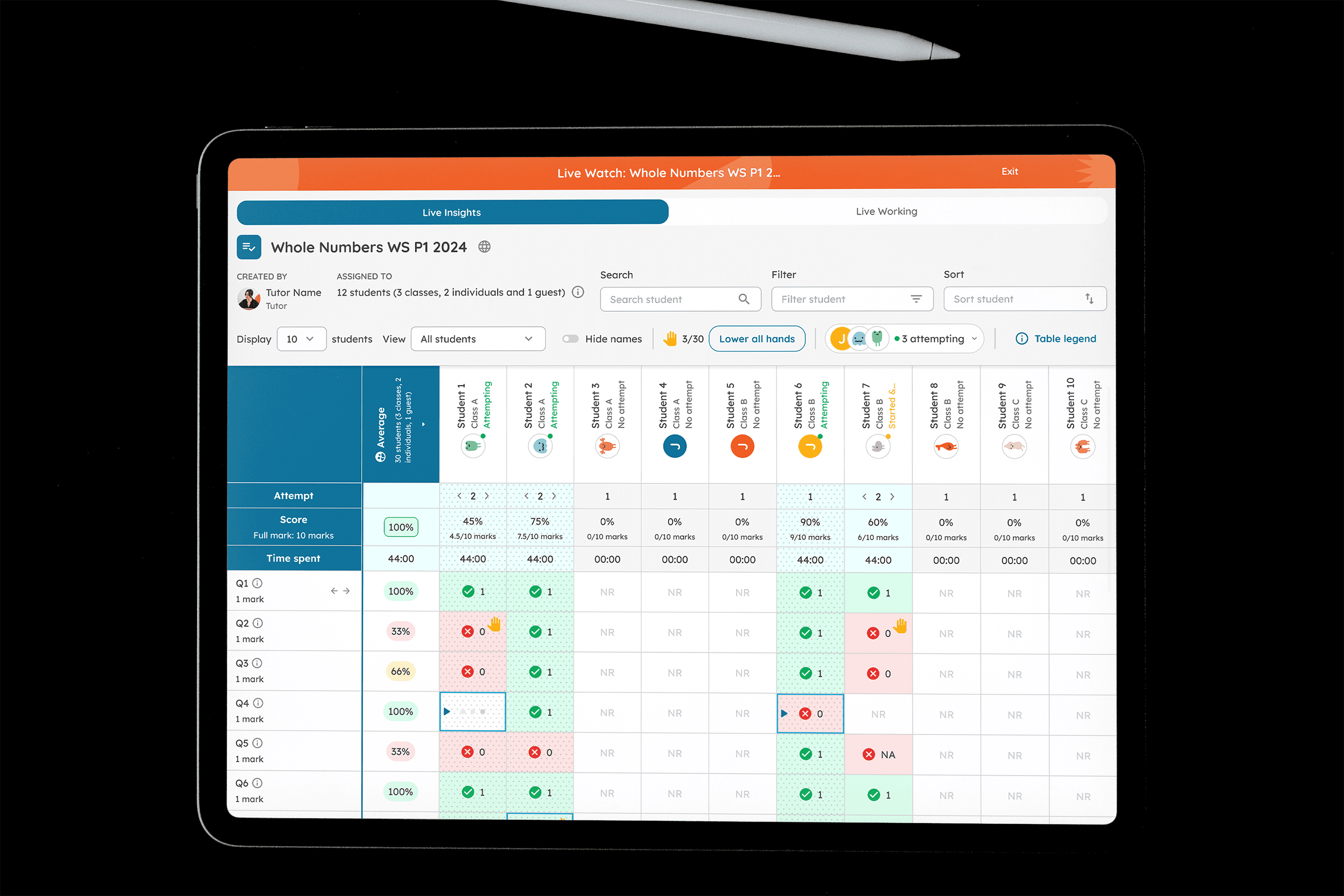 A tablet screen showing HeyHi's Live Watch feature, where educators can monitor students' worksheet progress in real time