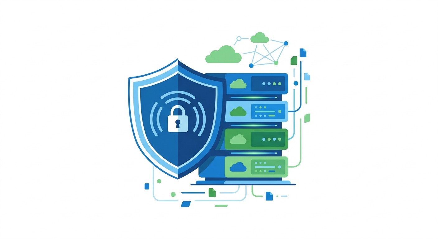 Flat illustration of a security shield and cloud servers, representing the security and scalability of no-code applications.