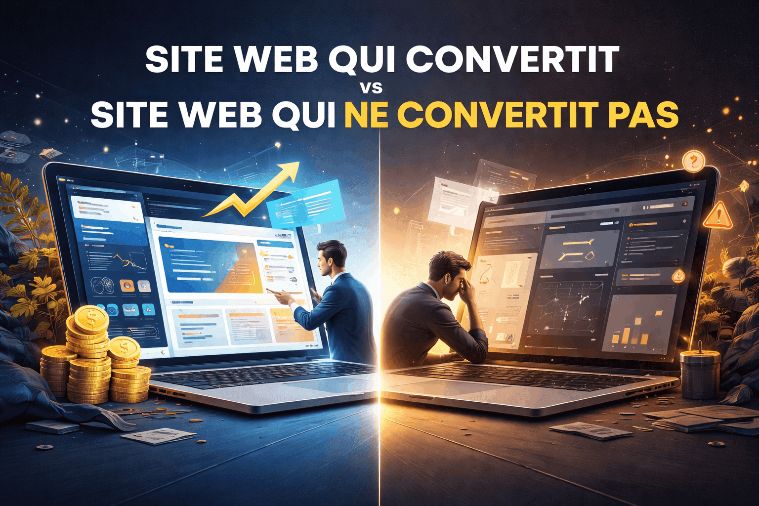 Illustration comparant un site web qui convertit et un site web qui ne convertit pas, mettant en avant la performance, la clarté et la stratégie digitale d’une agence web haut de gamme comme SL Vision