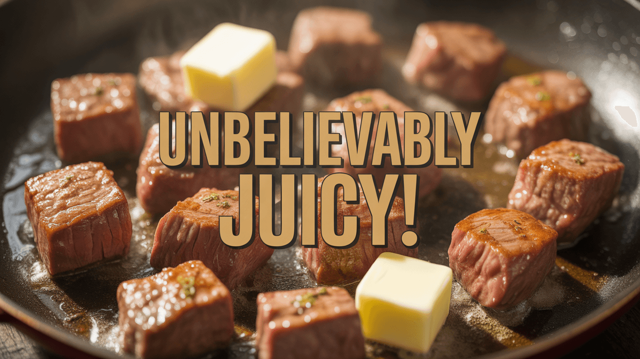 Sizzling butter garlic beef cubes in pan with UNBELIEVABLY JUICY headline