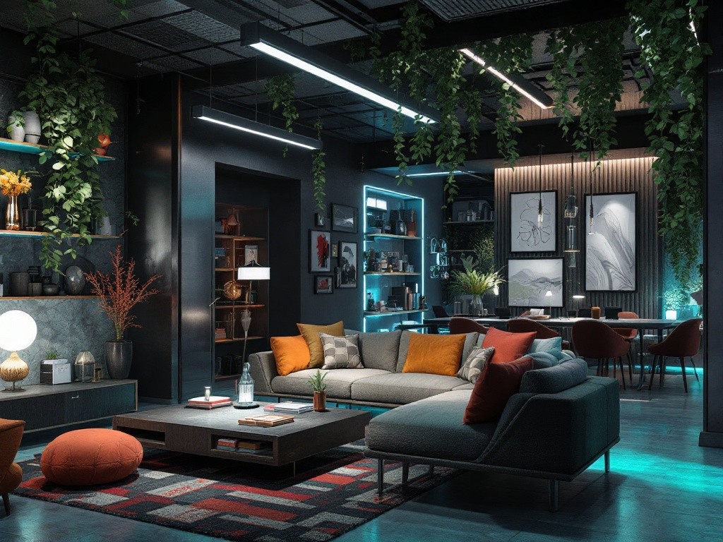 A modern living room with dark walls and furniture, accented with plants and colorful pillows. The room is lit with neon lights, creating a moody atmosphere.