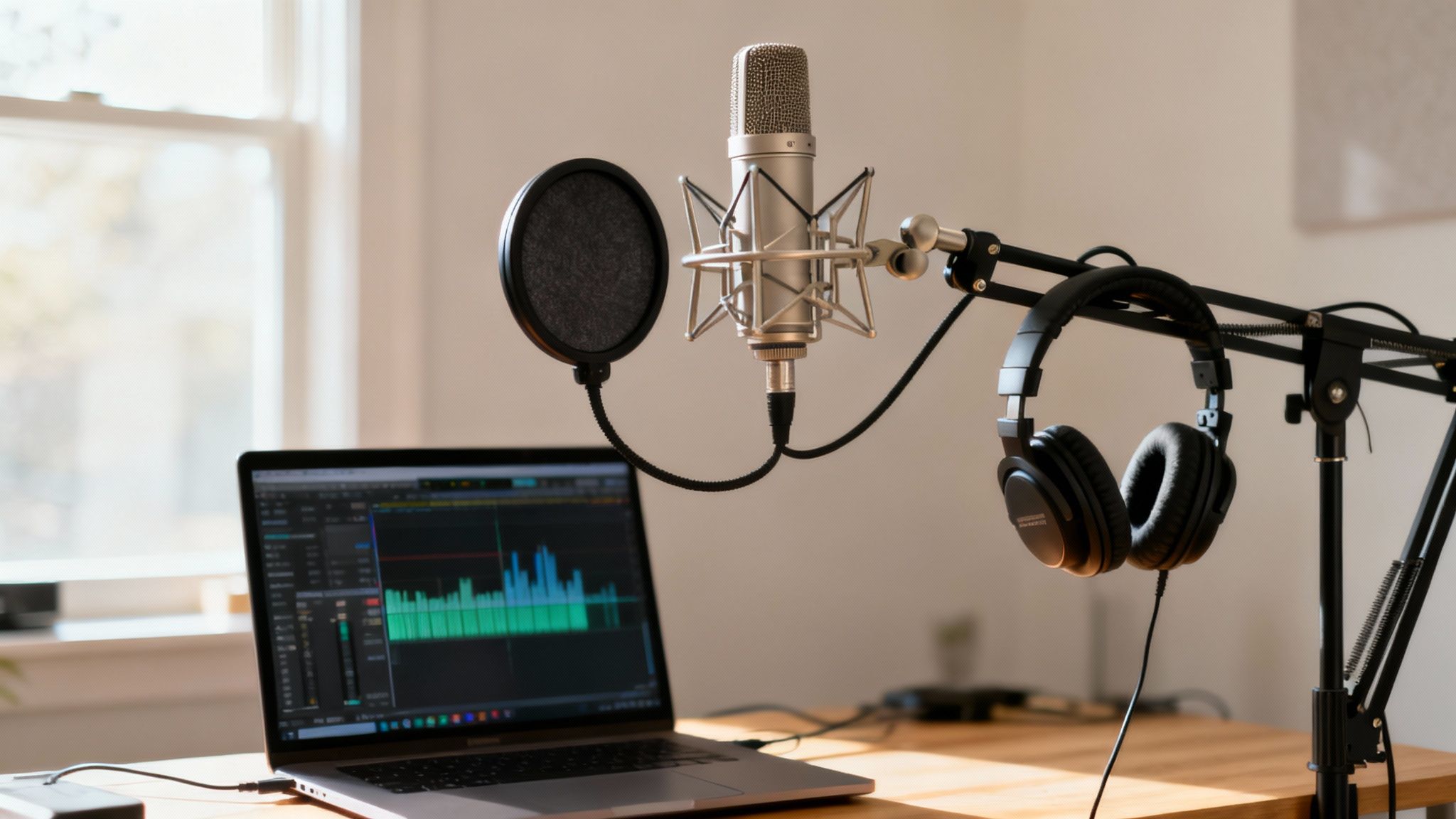 A simple home recording setup with a microphone, headphones, and a laptop.
