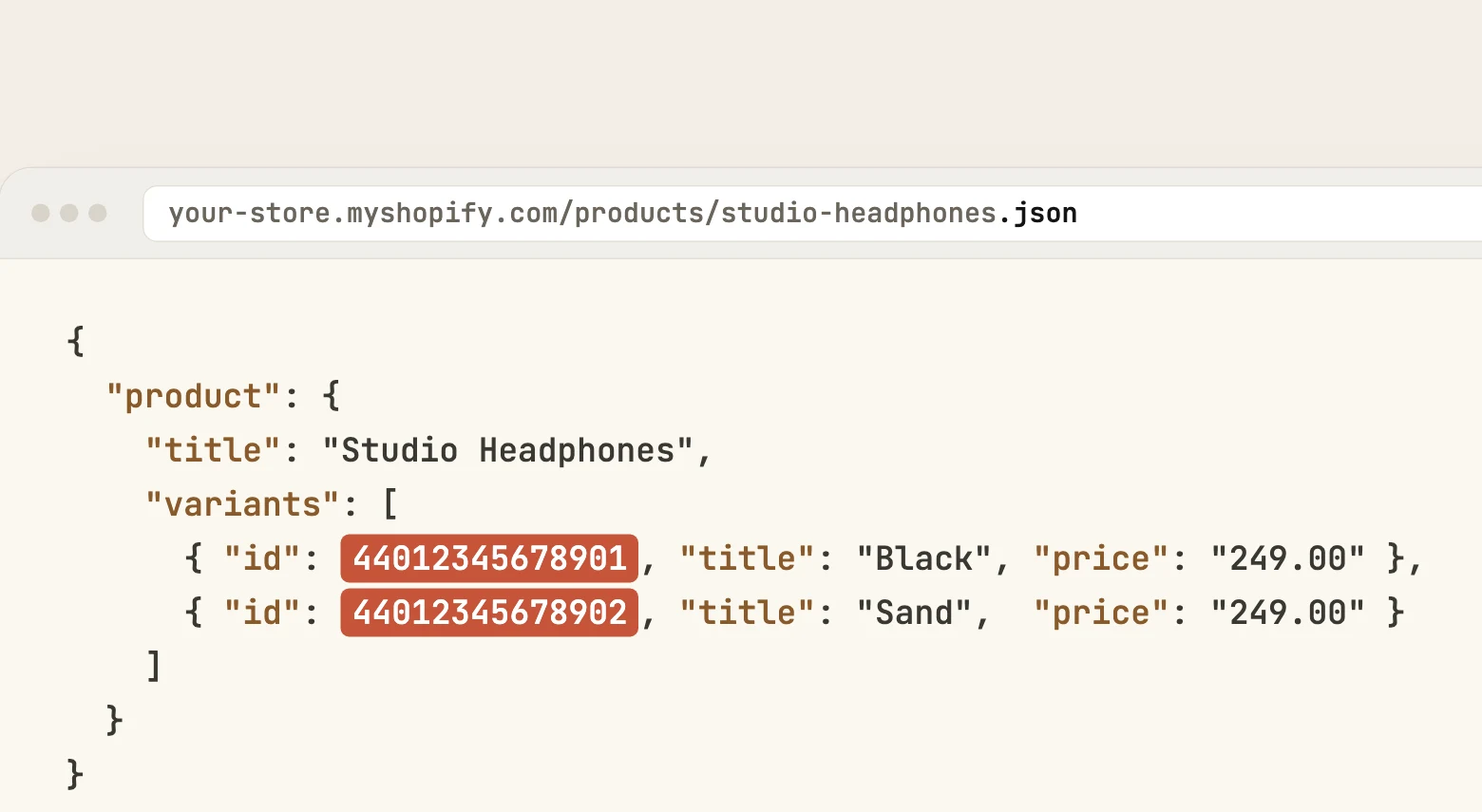 Product JSON on a Shopify storefront, listing variant ids