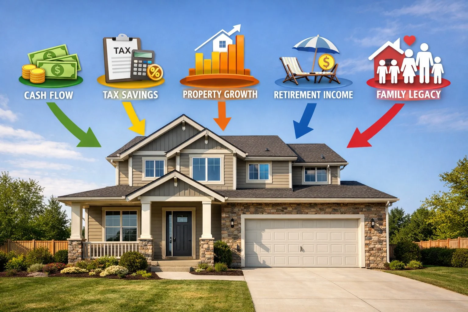 House illustration with arrows pointing to icons for cash flow, tax savings, property growth, retirement income, and family legacy.