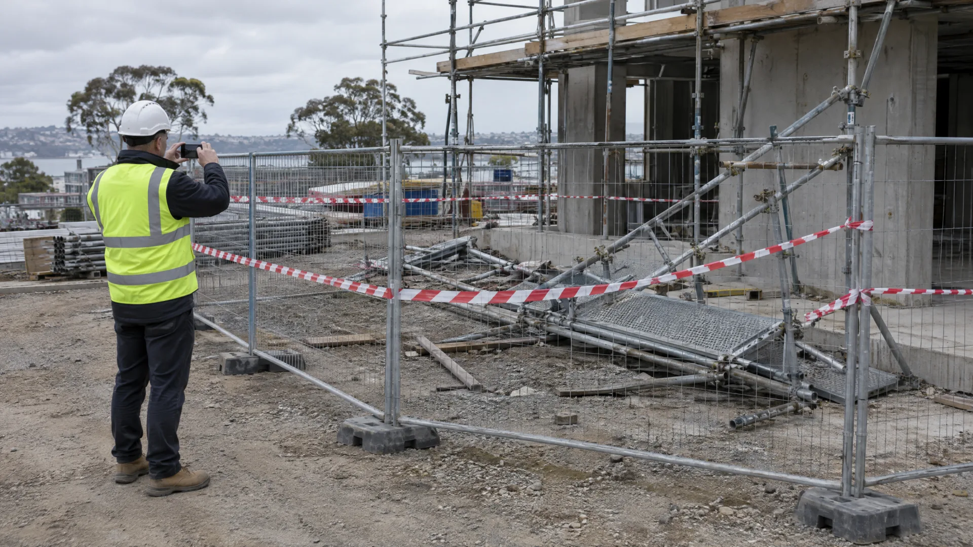 Safety manager photographing a fenced-off scaffold incident scene to preserve it before notifying the regulator