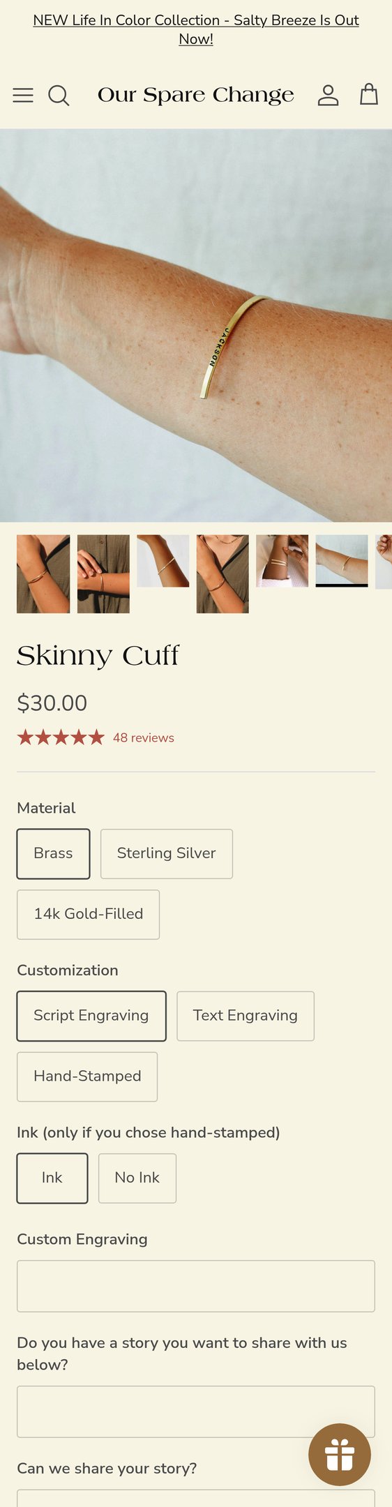 Jewelry product options include: bracelet for Skinny Cuff from Our Spare Change.