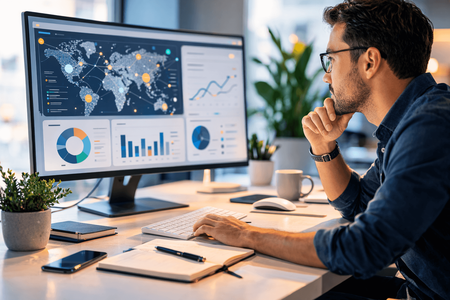 Business professional analyzing a clear event analytics dashboard with data visualizations and a map interface on a large monitor in a modern office