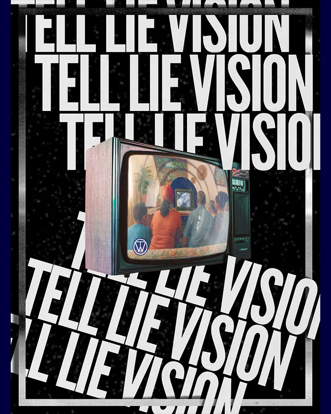 Tell Lie Vision Haiti poster: family watching television in an archway-framed living room with potted plant, wood-paneled vintage TV set