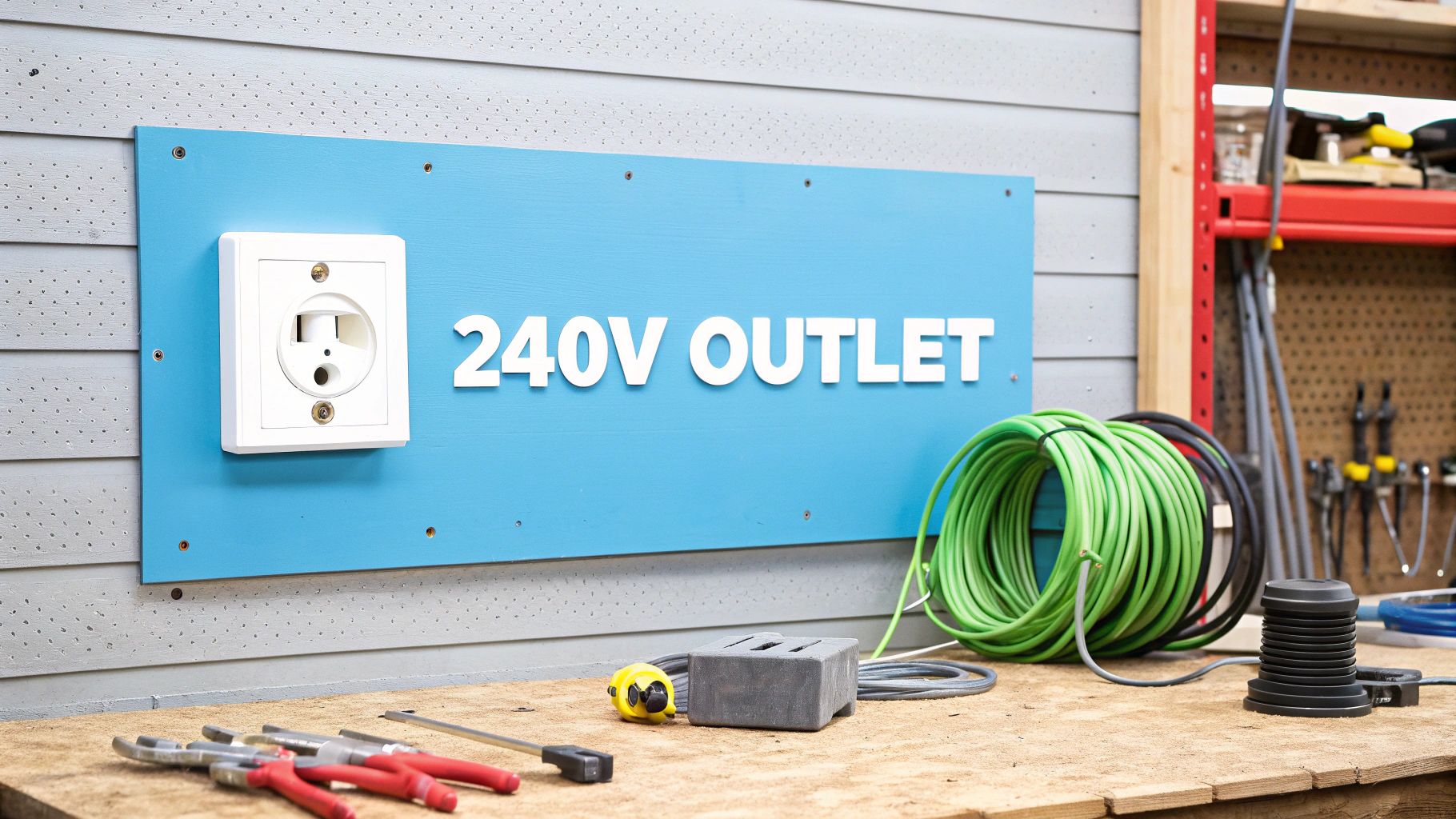 a white wooden wall and cluttered workbench with a blue panel and white outlet next to the text '240v outlet'