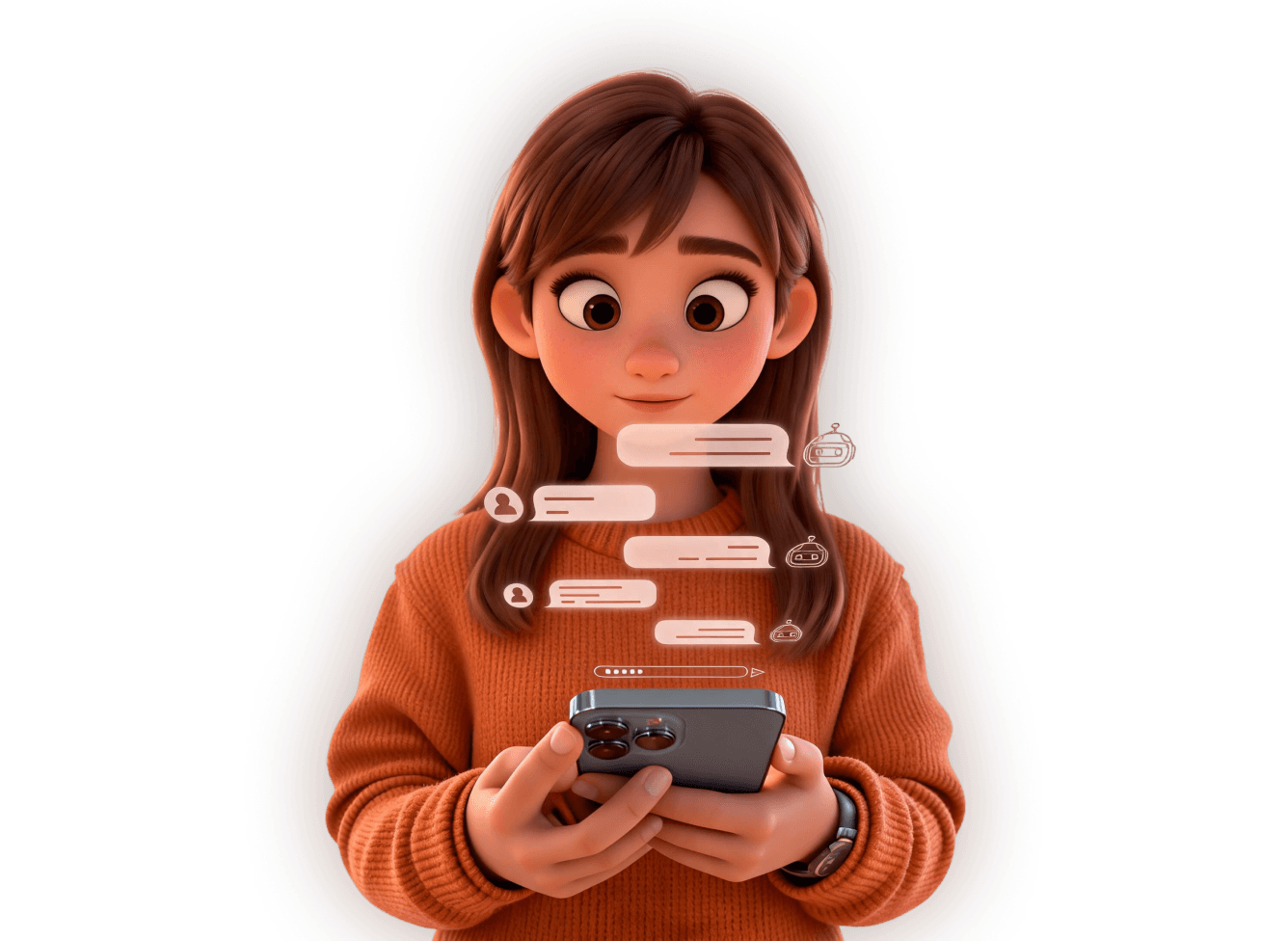 3D character holding a phone with transparent chat floating above