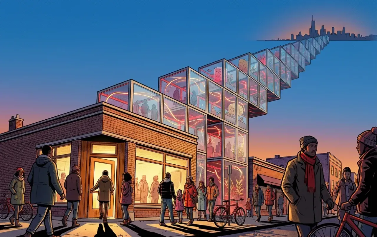 Modern building at sunset, bustling with people; RockN' Socials Digital Marketing Agency.