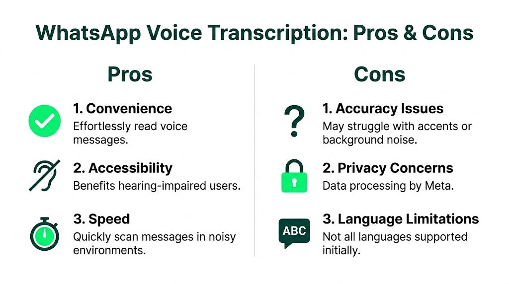 A pros and cons chart illustrating the benefits and drawbacks of using WhatsApp voice message transcription features.