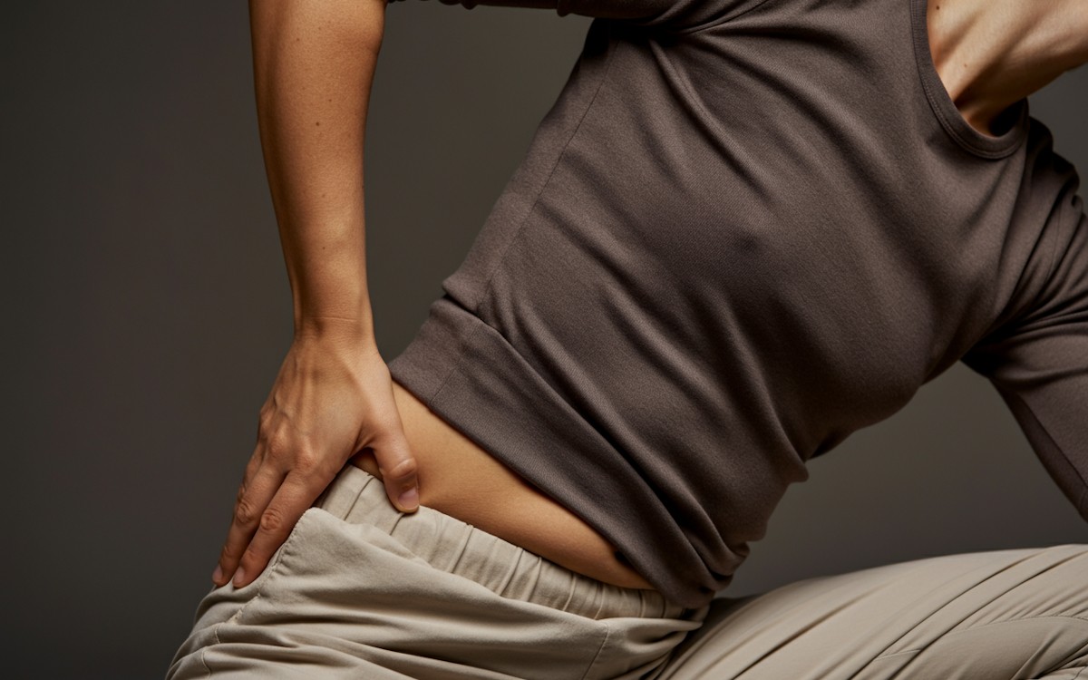 Person gripping lower back in discomfort, wearing a gray long-sleeve shirt and light pants, conveying pain or strain, set against a neutral background.