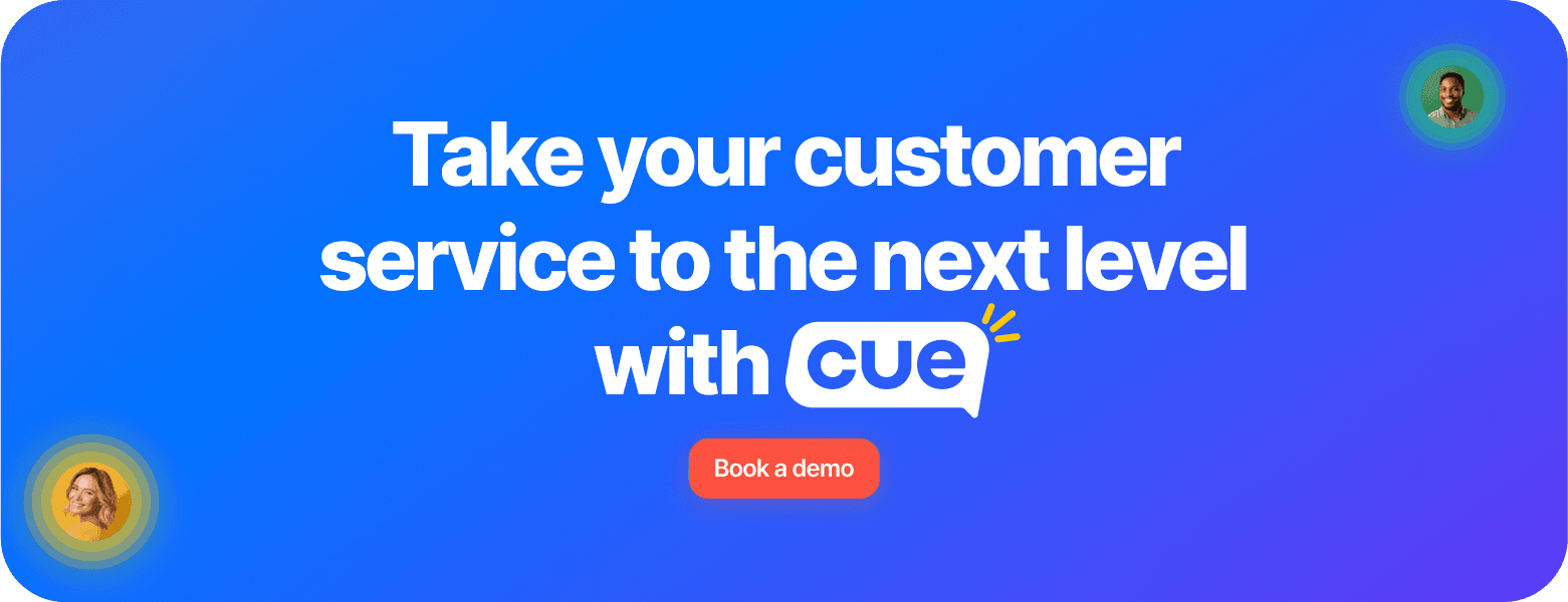 Advertisement for Cue, an AI-powered customer service platform.  Encourages businesses to embrace AI to enhance customer interactions and improve efficiency